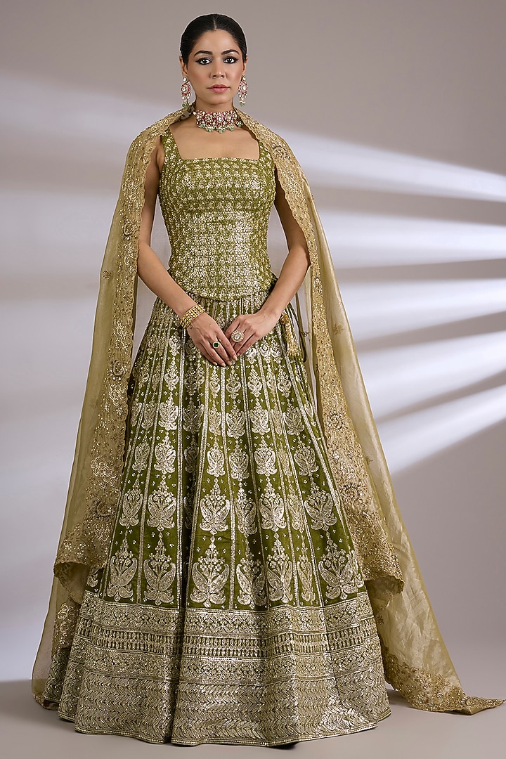 Olive Green Tissue Paisley Embroidered Bridal Lehenga Set by Jayesh & Kajal Shah at Pernia's Pop Up Shop