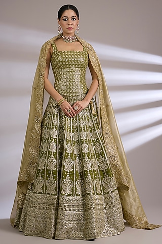 Olive Green Tissue Paisley Embroidered Lehenga Set by Jayesh & Kaajal Shah