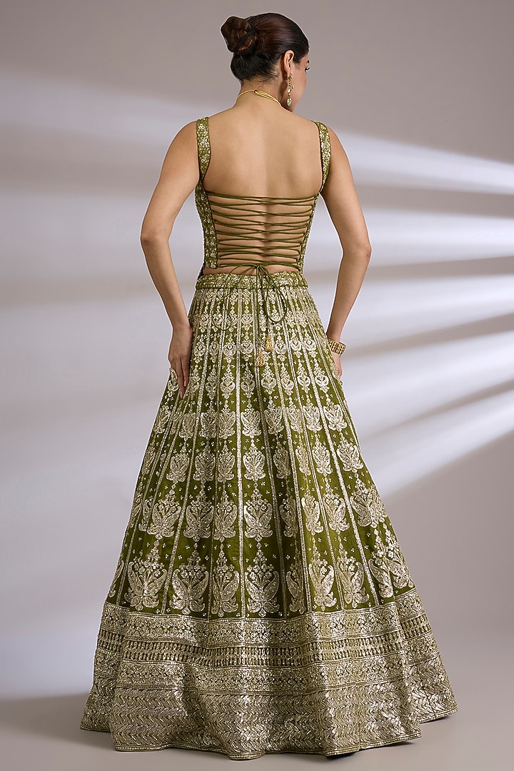 Olive Green Tissue Paisley Embroidered Bridal Lehenga Set by Jayesh & Kaajal Shah at Pernia's Pop Up Shop