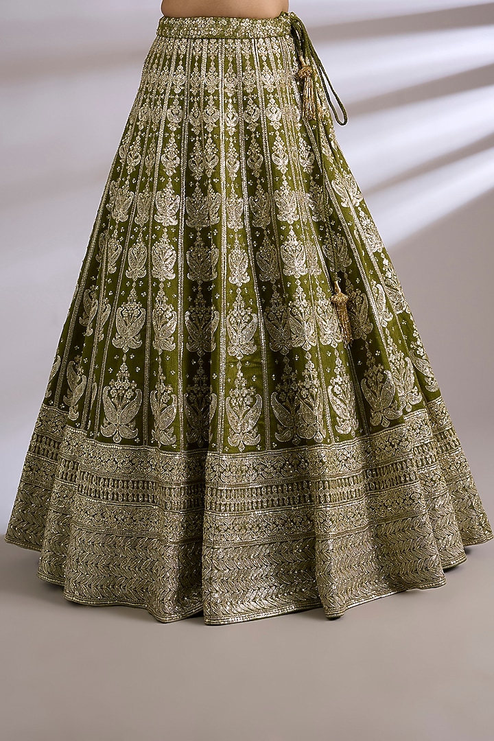 Olive Green Tissue Paisley Embroidered Bridal Lehenga Set by Jayesh & Kaajal Shah at Pernia's Pop Up Shop