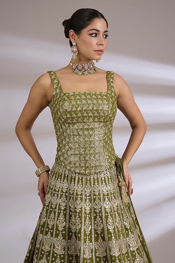 Olive Green Tissue Paisley Embroidered Bridal Lehenga Set by Jayesh & Kaajal Shah at Pernia's Pop Up Shop