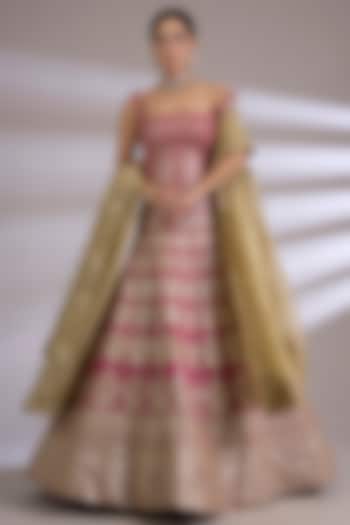Rani Pink Tissue Paisley Embroidered Bridal Lehenga Set by Jayesh & Kajal Shah at Pernia's Pop Up Shop