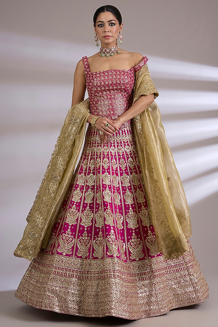 Rani Pink Tissue Paisley Embroidered Bridal Lehenga Set by Jayesh & Kajal Shah at Pernia's Pop Up Shop