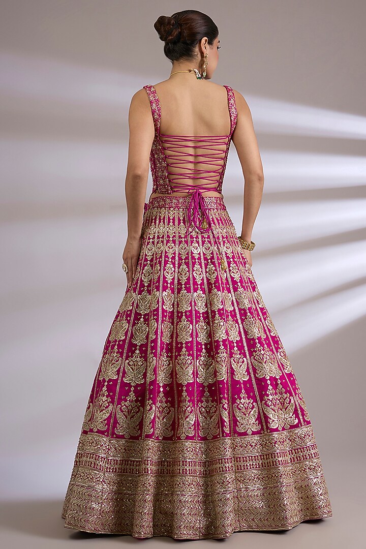 Rani Pink Tissue Paisley Embroidered Bridal Lehenga Set by Jayesh & Kaajal Shah at Pernia's Pop Up Shop
