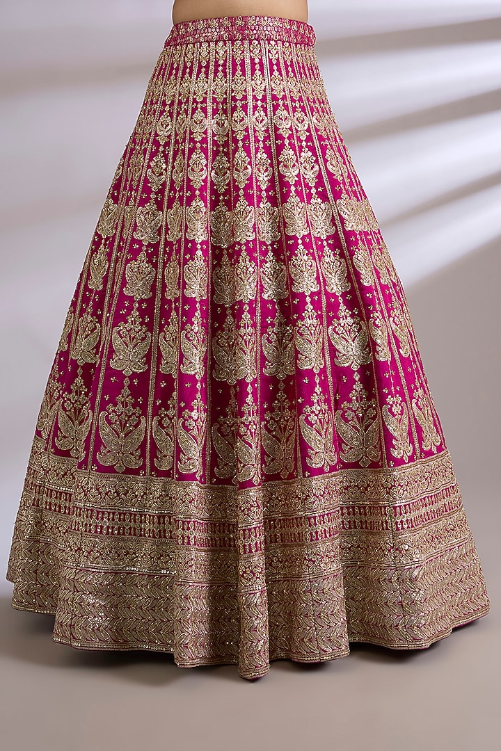 Rani Pink Tissue Paisley Embroidered Bridal Lehenga Set by Jayesh & Kaajal Shah at Pernia's Pop Up Shop