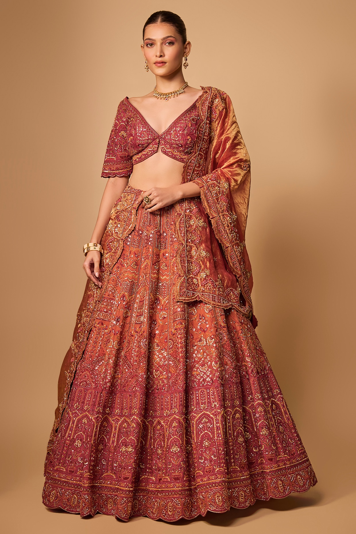 Jayesh & Kaajal Shah Rust Raw Silk & Tissue Lehenga Set