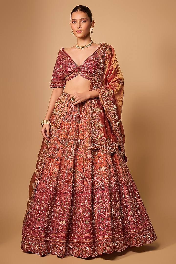 Rust Raw Silk & Tissue Bridal Lehenga Set by Jayesh & Kajal Shah at Pernia's Pop Up Shop