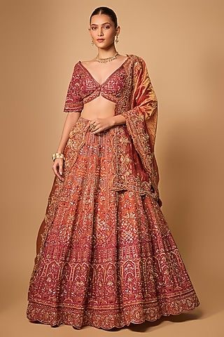 Rust Raw Silk & Tissue Lehenga Set by Jayesh & Kaajal Shah