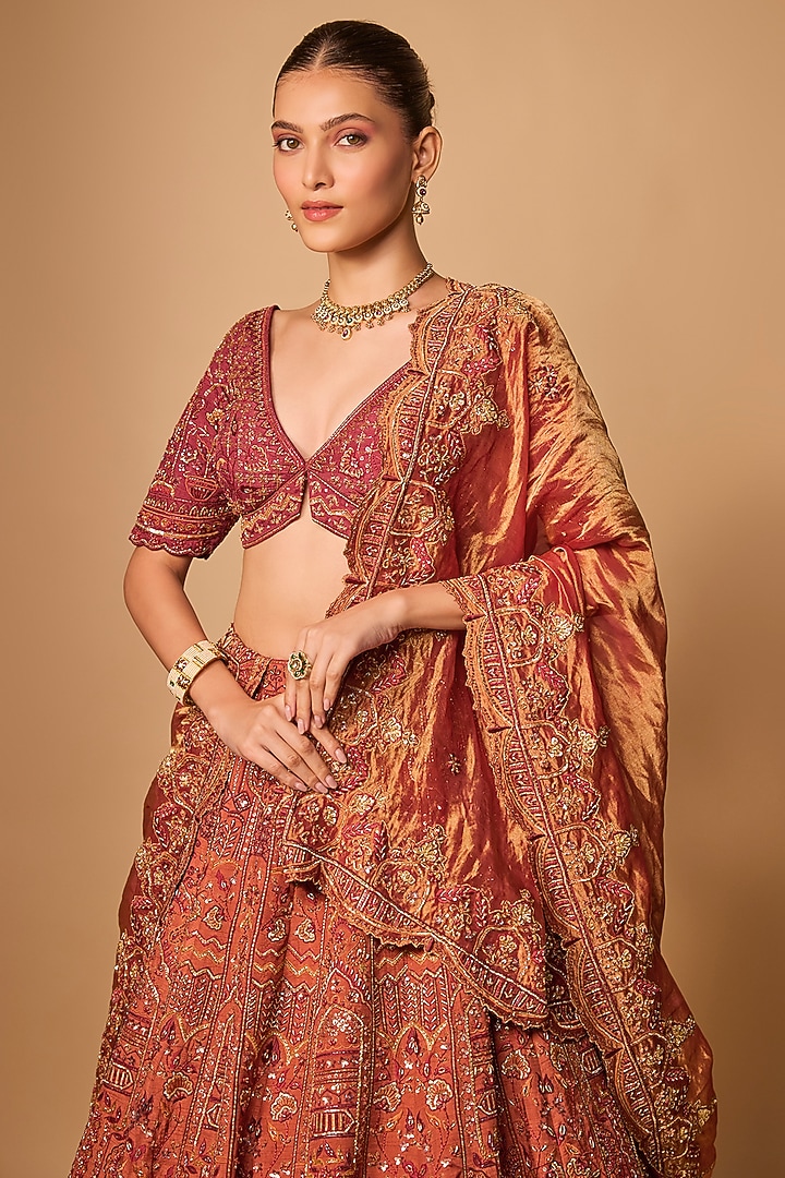 Rust Raw Silk & Tissue Bridal Lehenga Set by Jayesh & Kaajal Shah at Pernia's Pop Up Shop