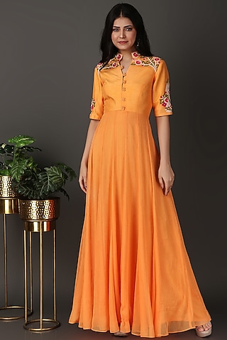 Orange Dupion & Chiffon Sequins Work Anarkali Dress by Nidhi Kejriwal