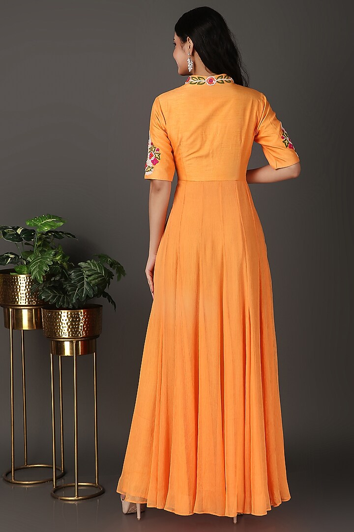 Orange Dupion & Chiffon Sequins Work Party Wear Anarkali Dress by Nidhi Kejriwal at Pernia's Pop Up Shop