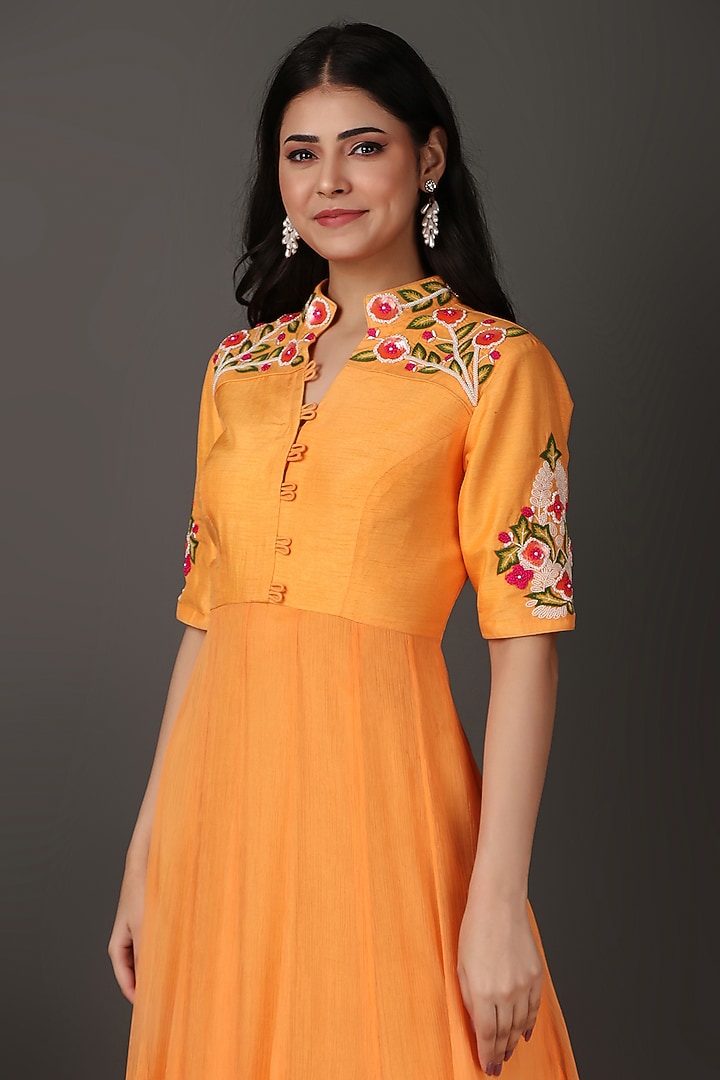 Orange Dupion & Chiffon Sequins Work Party Wear Anarkali Dress by Nidhi Kejriwal at Pernia's Pop Up Shop