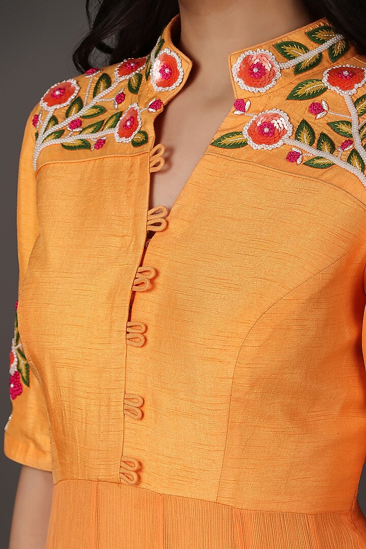 Orange Dupion & Chiffon Sequins Work Party Wear Anarkali Dress by Nidhi Kejriwal at Pernia's Pop Up Shop