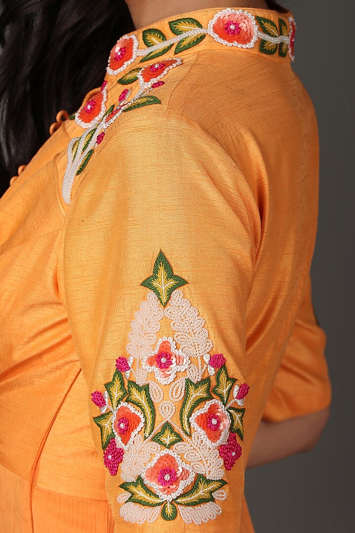 Orange Dupion & Chiffon Sequins Work Party Wear Anarkali Dress by Nidhi Kejriwal at Pernia's Pop Up Shop