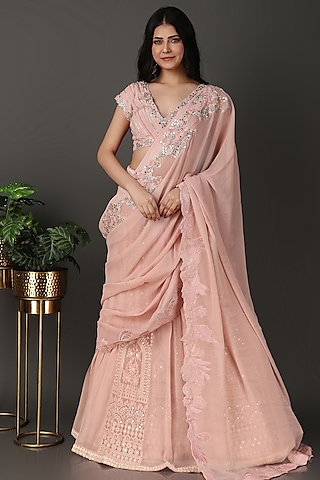 Pink Georgette & Lucknowi Sequins Work Lehenga Saree Set by Nidhi Kejriwal
