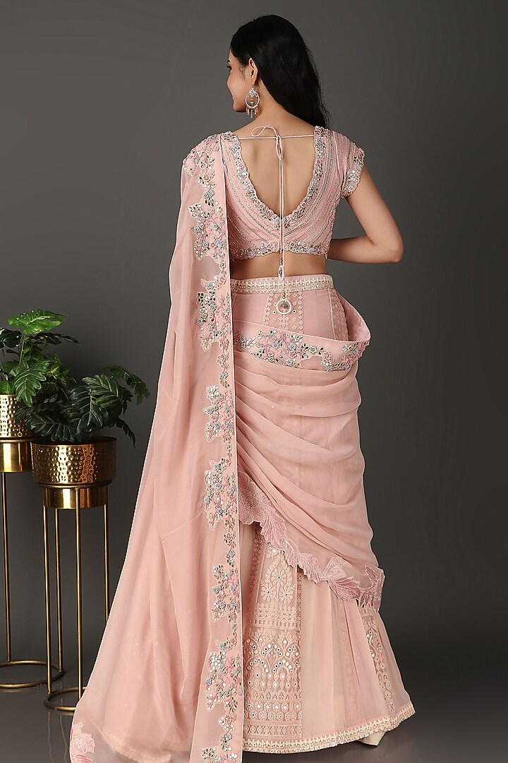 Pink Georgette & Lucknowi Sequins Work Wedding Lehenga Saree Set by Nidhi Kejriwal at Pernia's Pop Up Shop
