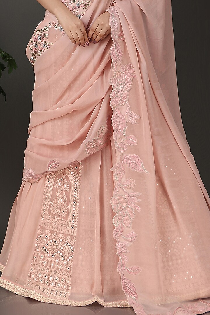 Pink Georgette & Lucknowi Sequins Work Wedding Lehenga Saree Set by Nidhi Kejriwal at Pernia's Pop Up Shop