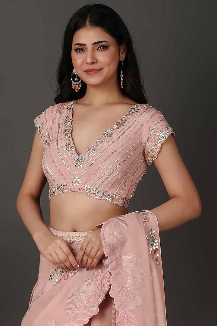 Pink Georgette & Lucknowi Sequins Work Wedding Lehenga Saree Set by Nidhi Kejriwal at Pernia's Pop Up Shop