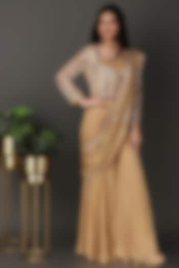 Golden Silk & Net Hand Work Sharara Wedding Saree Set by Nidhi Kejriwal at Pernia's Pop Up Shop