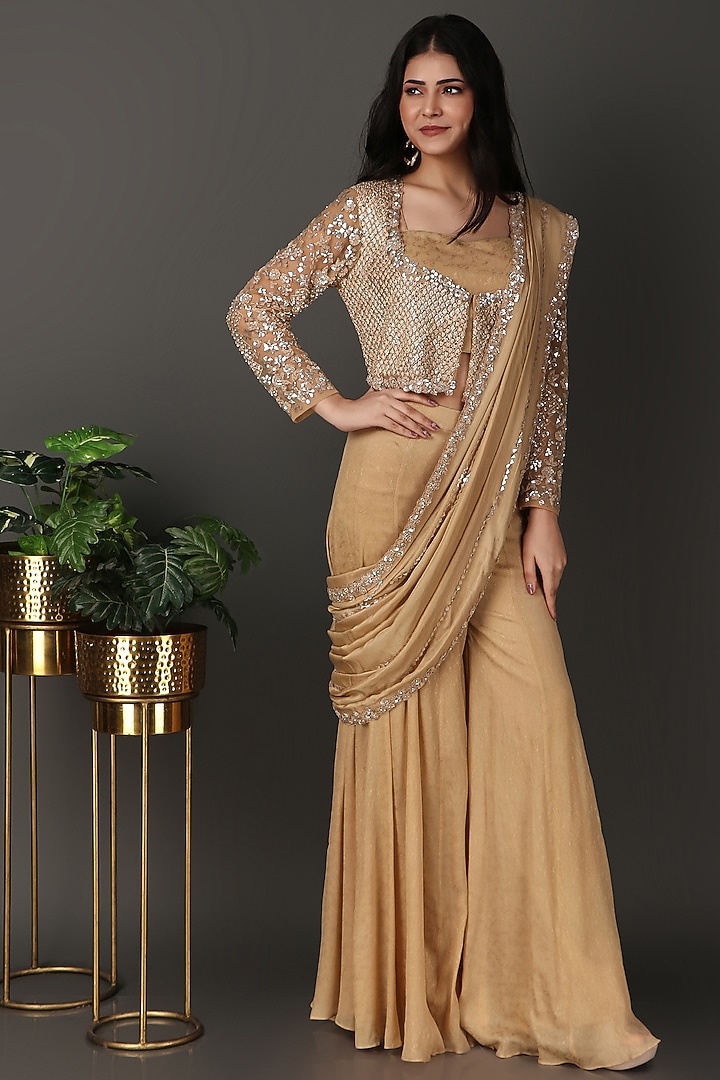 Golden Silk & Net Hand Work Sharara Wedding Saree Set by Nidhi Kejriwal at Pernia's Pop Up Shop