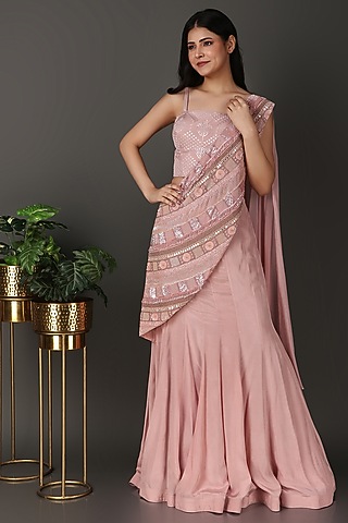 Pink Silk Pearl Work Draped Saree Set by Nidhi Kejriwal
