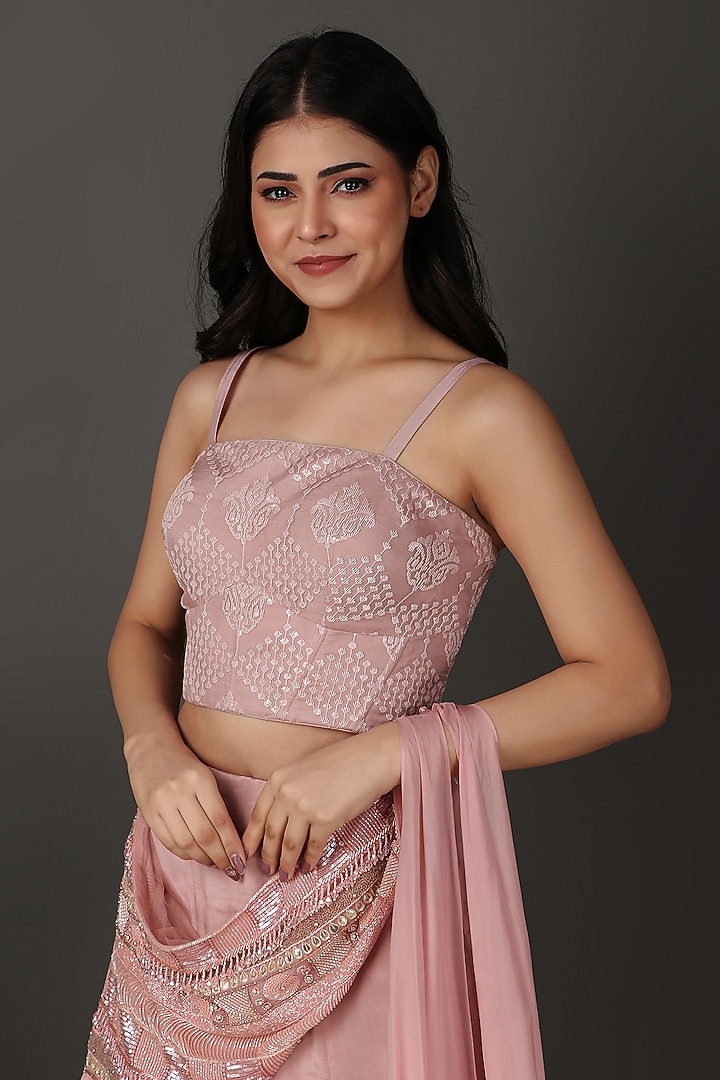 Pink Silk Pearl Work Draped Wedding Saree Set by Nidhi Kejriwal at Pernia's Pop Up Shop