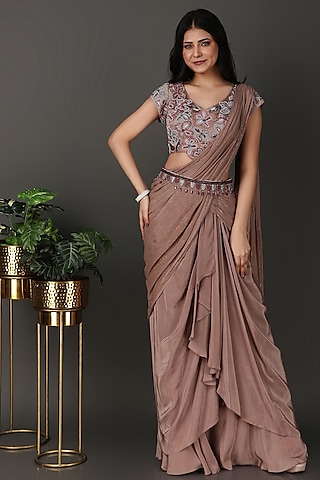 Mouse Crepe & Zari Georgette Sequins Work Draped Saree Set by Nidhi Kejriwal