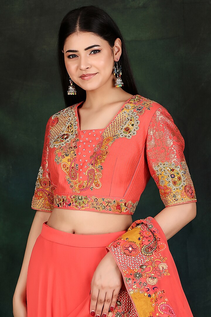 Gajri Georgette & Chanderi Sequins Handwork Wedding Lehenga Saree Set by Nidhi Kejriwal at Pernia's Pop Up Shop
