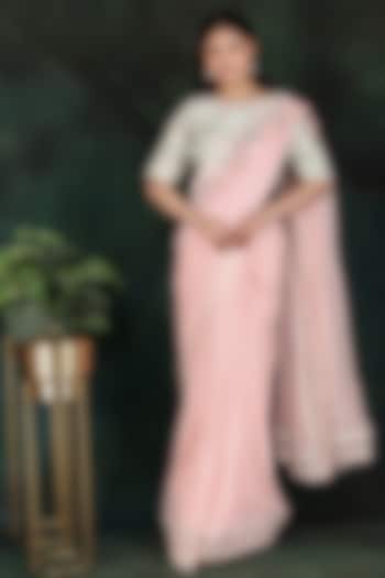 Pink Georgette & Dolla Silk Pearl Work Saree Set by Nidhi Kejriwal