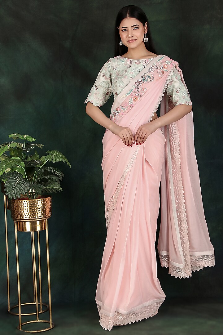 Pink Georgette & Dolla Silk Pearl Work Saree Set by Nidhi Kejriwal