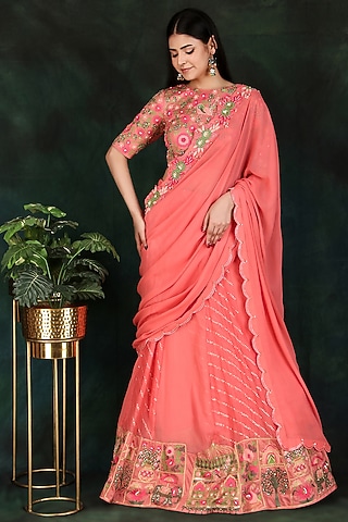 Gajri Georgette & Lucknowi Cutdana Work Lehenga Saree Set by Nidhi Kejriwal