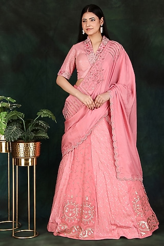Peach Georgette Sequins & Thread Work Lehenga Saree Set by Nidhi Kejriwal