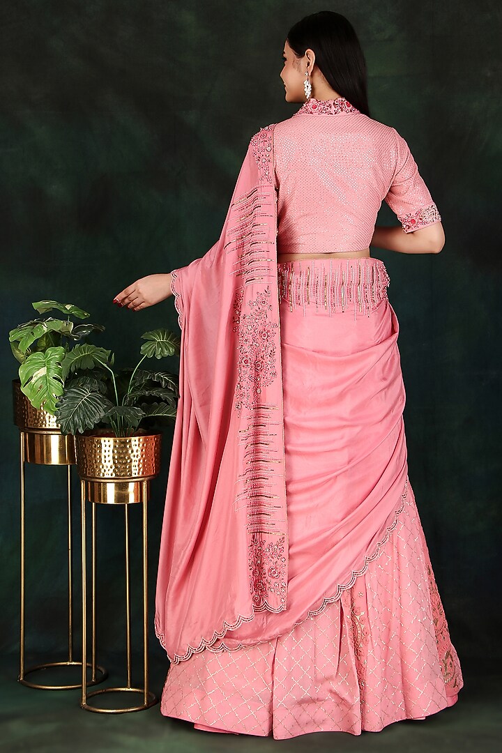 Peach Georgette Sequins & Thread Work Wedding Lehenga Saree Set by Nidhi Kejriwal at Pernia's Pop Up Shop