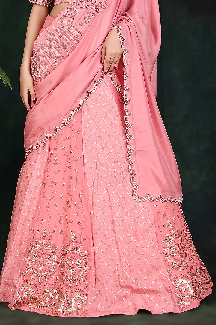 Peach Georgette Sequins & Thread Work Wedding Lehenga Saree Set by Nidhi Kejriwal at Pernia's Pop Up Shop