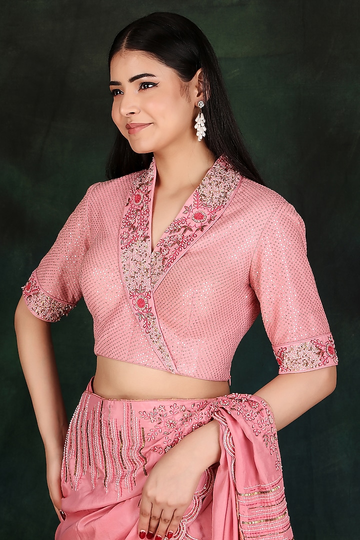 Peach Georgette Sequins & Thread Work Wedding Lehenga Saree Set by Nidhi Kejriwal at Pernia's Pop Up Shop