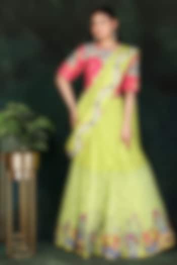 Parrot Green Silk & Organza Sequins Work Lehenga Saree Set by Nidhi Kejriwal