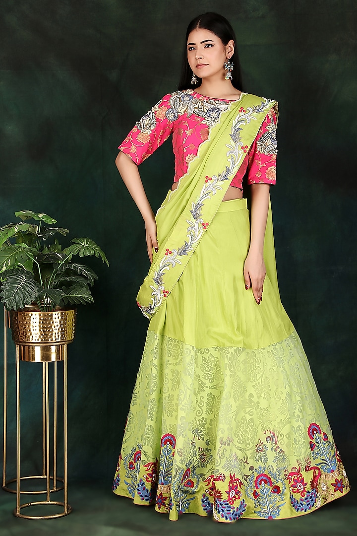 Parrot Green Silk & Organza Sequins Work Lehenga Saree Set by Nidhi Kejriwal