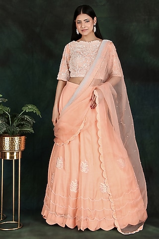 Peach Silk & Organza Pearl Work Lehenga Saree Set by Nidhi Kejriwal