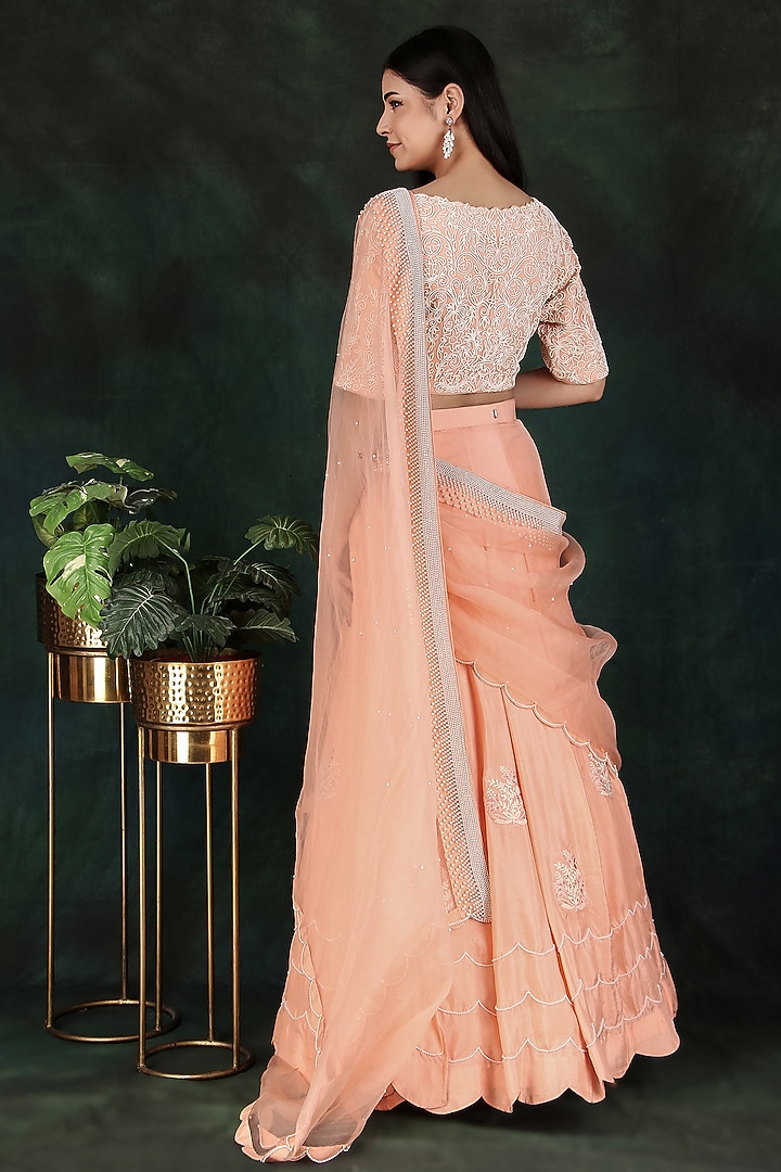 Peach Silk & Organza Pearl Work Wedding Lehenga Saree Set by Nidhi Kejriwal at Pernia's Pop Up Shop
