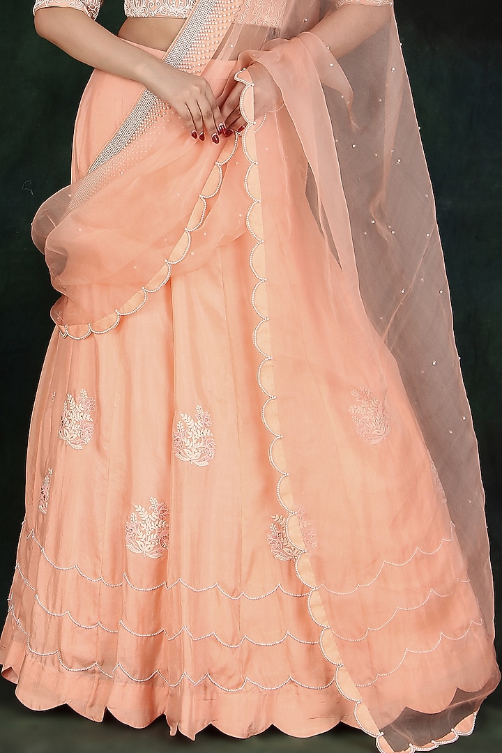Peach Silk & Organza Pearl Work Wedding Lehenga Saree Set by Nidhi Kejriwal at Pernia's Pop Up Shop