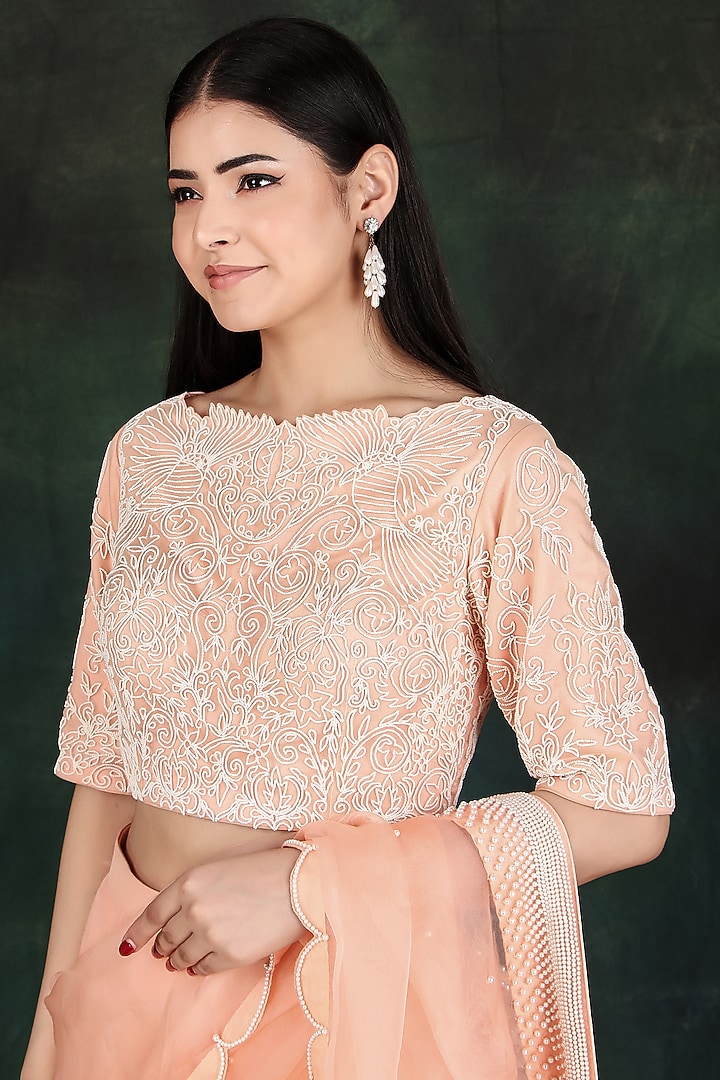 Peach Silk & Organza Pearl Work Wedding Lehenga Saree Set by Nidhi Kejriwal at Pernia's Pop Up Shop