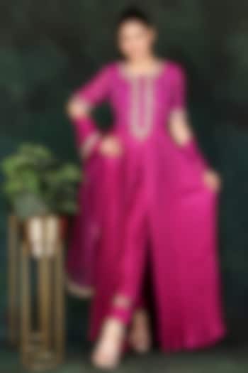 Purple Bandhej Georgette Thread Work Anarkali Set by Nidhi Kejriwal