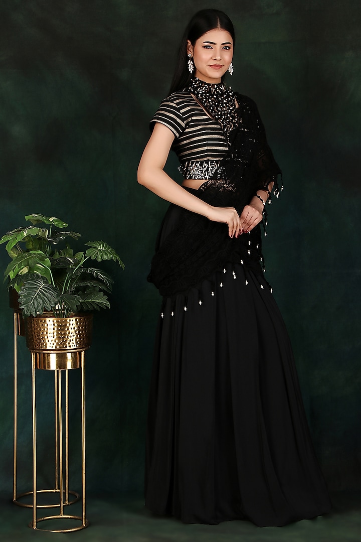 Black Dupion Silk & Cutwork Chiffon Draped Skirt Saree Set by Nidhi Kejriwal