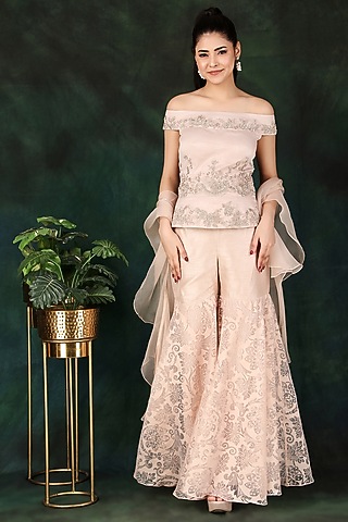 Onion Pink Organza Cutdana Work Kurta Set by Nidhi Kejriwal