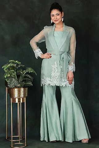 Aqua Organza & Dolla Silk Thread Work Jacket Set by Nidhi Kejriwal