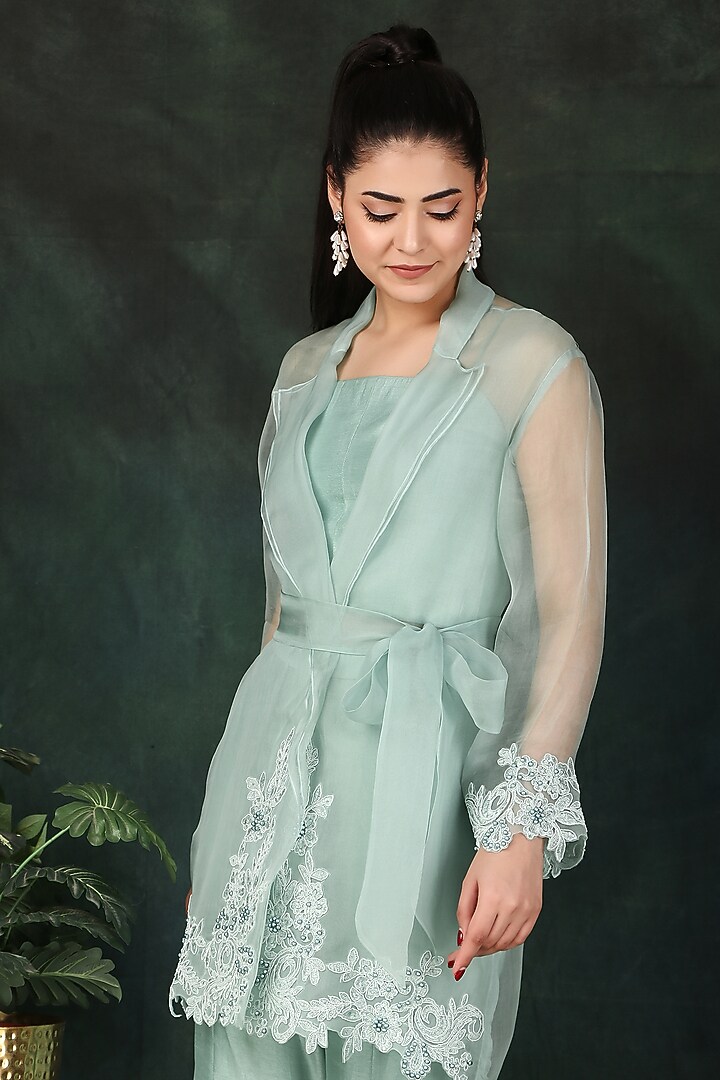 Aqua Organza & Dolla Silk Thread Work Jacket Set by Nidhi Kejriwal at Pernia's Pop Up Shop