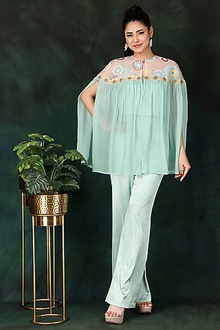 Aqua Organza & Georgette Pearl Work Cape Set by Nidhi Kejriwal
