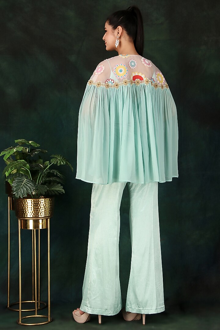 Aqua Organza & Georgette Pearl Work Cape Set by Nidhi Kejriwal at Pernia's Pop Up Shop