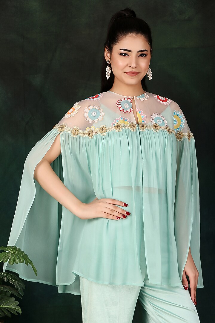 Aqua Organza & Georgette Pearl Work Cape Set by Nidhi Kejriwal at Pernia's Pop Up Shop