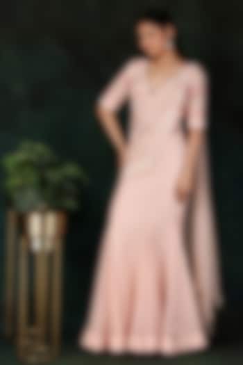 Pink Tissue & Georgette Pearl Work Draped Saree Set by Nidhi Kejriwal